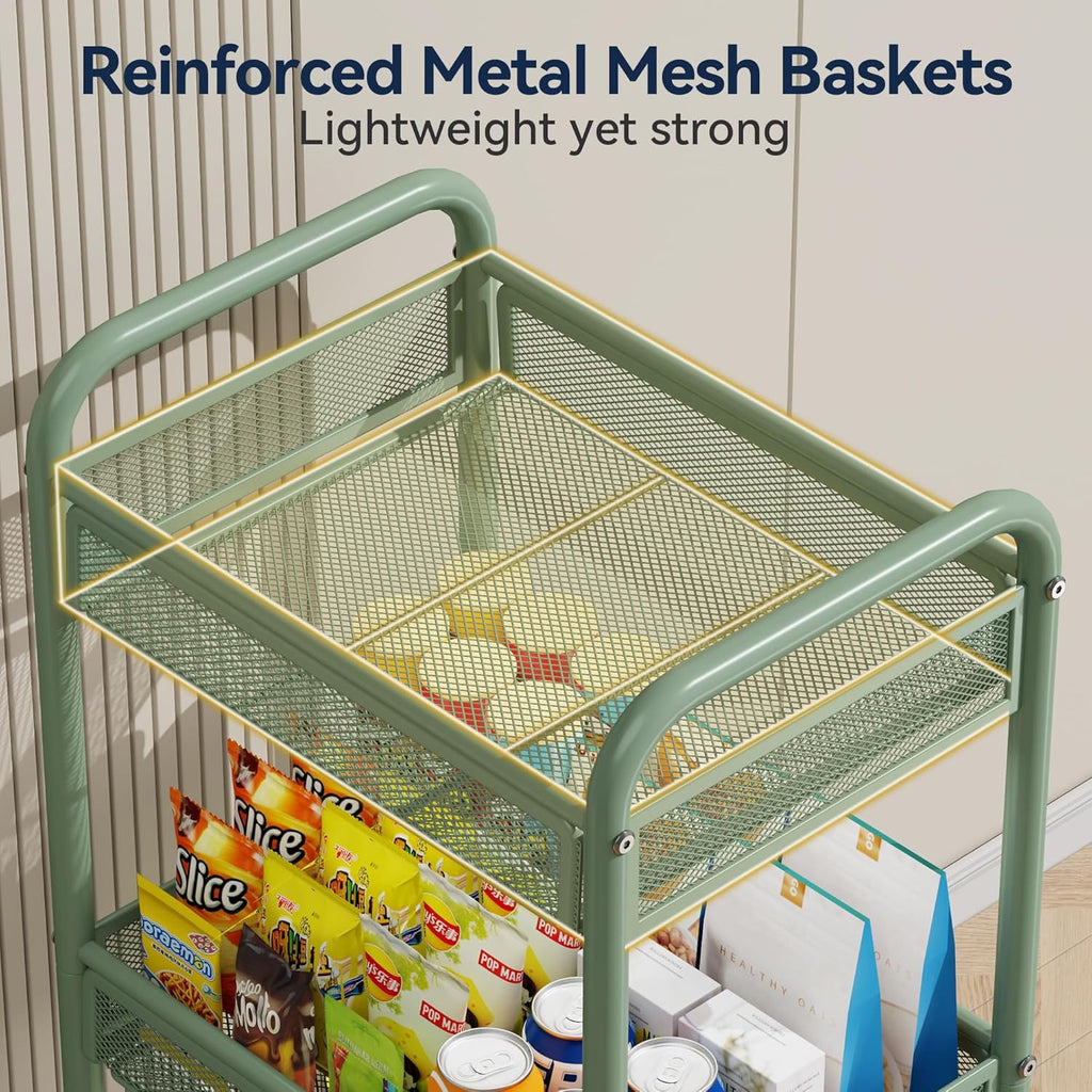 YASONIC 3 Tier Rolling Cart – Metal Utility Storage Cart with Wheels, Craft Carts Organizer with Hanging Cups, Hooks, Mesh Basket for Bedside Kitchen Office Art, Green
