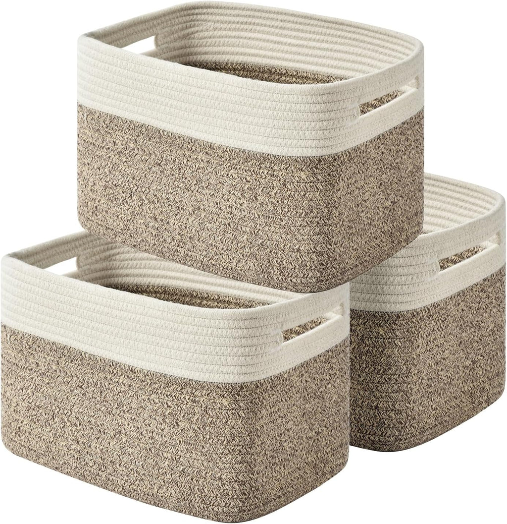 Storage Basket,Woven Baskets for Storage,Cotton Rope Baskets for Organizing,book Basket,towel,Toy Basket or Storage Bins for Living Room - 3 Pack,Brown