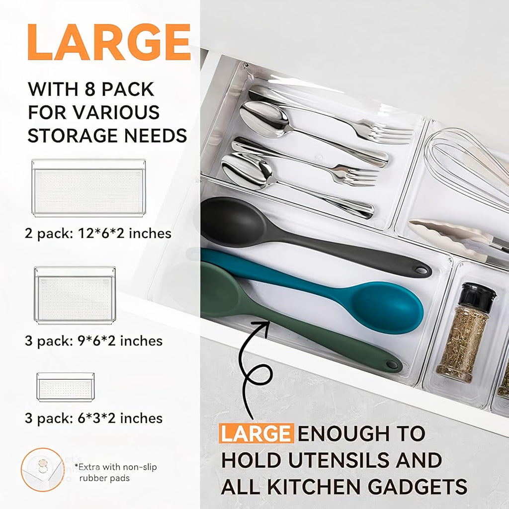 8-Pack Clear Plastic Drawer Organizer Trays – Large Dividers for Kitchen Gadgets, Bathroom Storage, Makeup & Vanity Accessories – Multi-Use Home Essentials for Organized Living