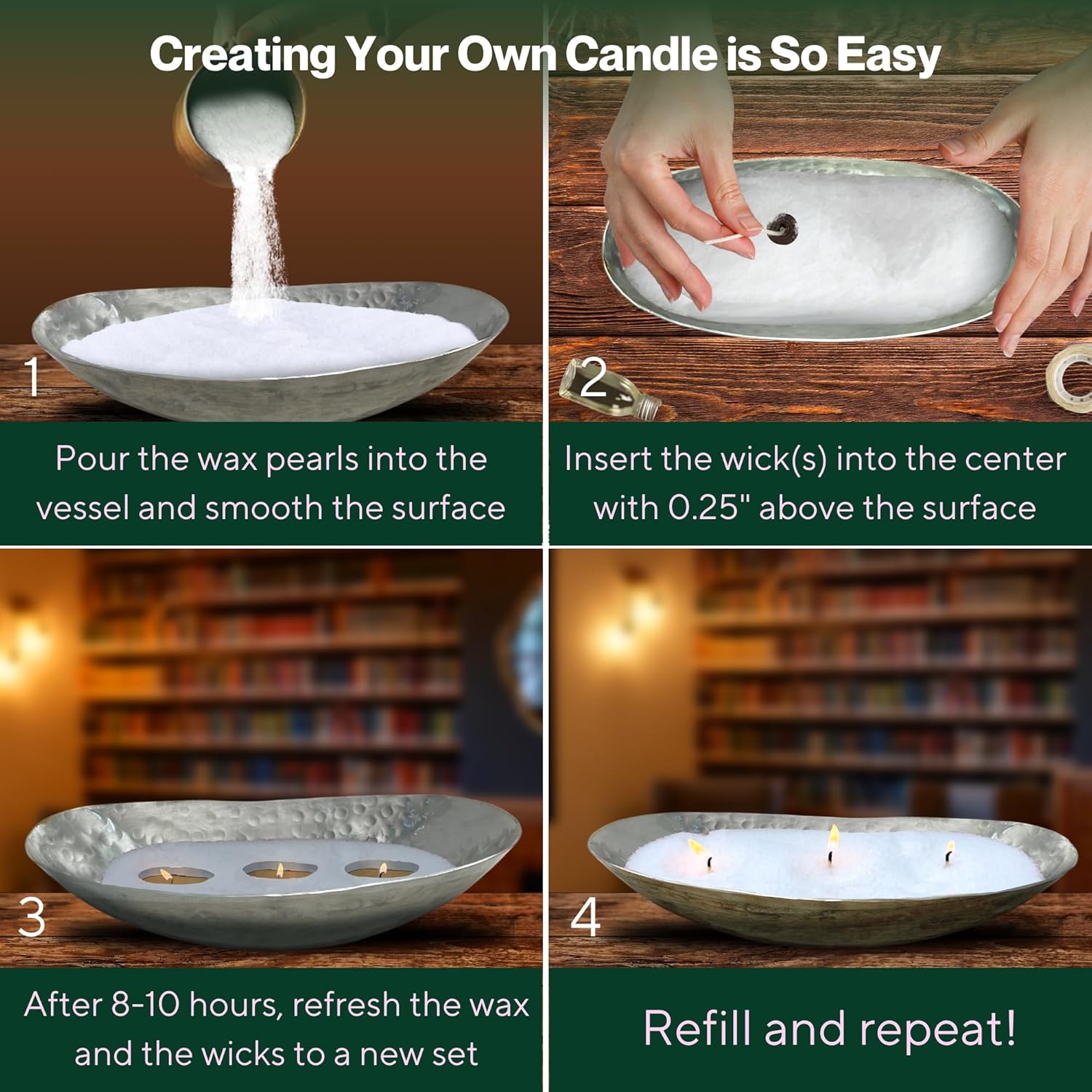 LILY LADUE Candle Refill Kit - 2Lb/32Oz Pearled Candles Sand and Wicks (48) and Hammered Silver Holder, Reusable Unique Sand Candles with Wicks for Candle Making, Bulk Unscented Pearl Wax Beads