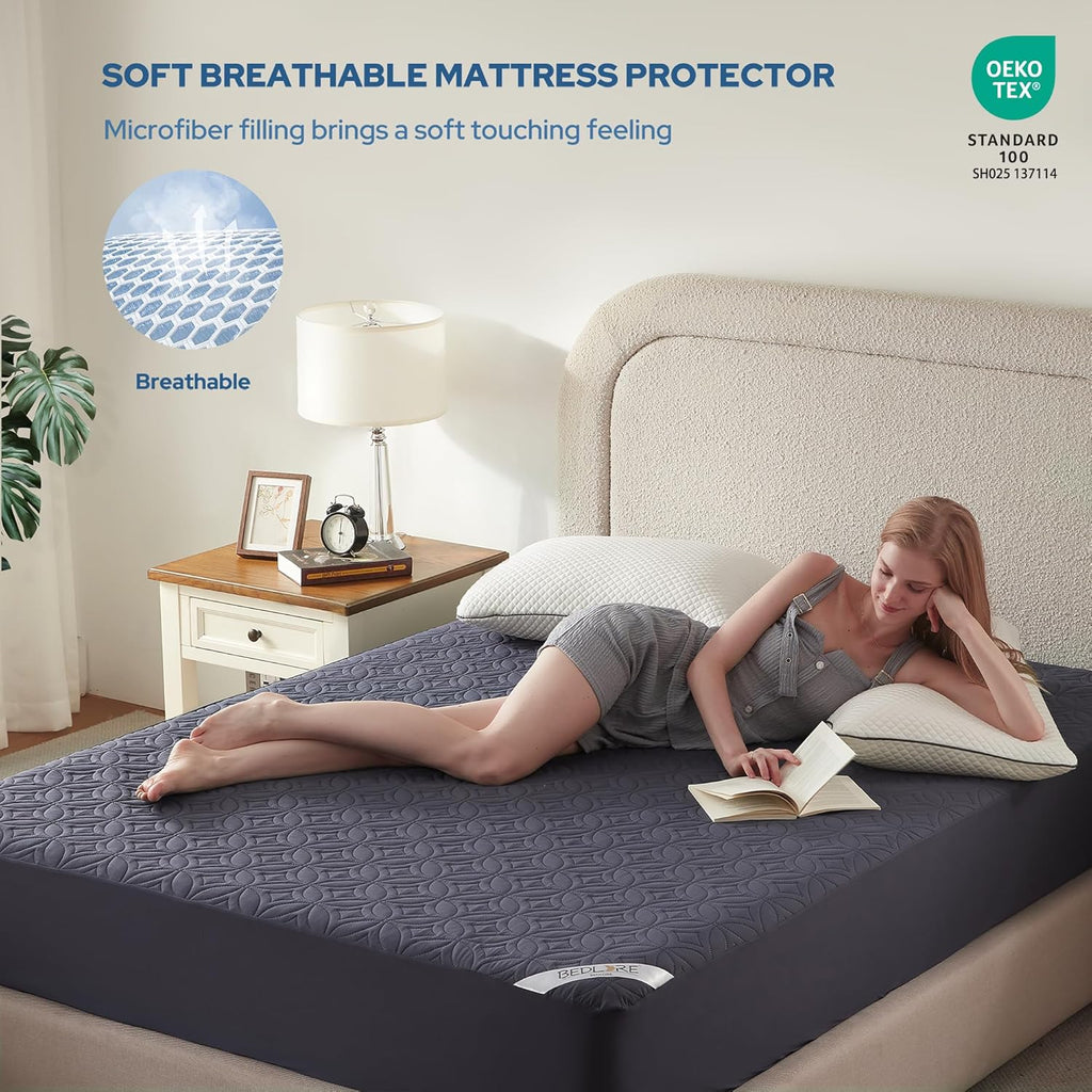 BEDLORE Waterproof Mattress Protector, Full Size Mattress Pad with Deep Pocket 6"-15" Depth, Soft Dirt-Proof Double Bed Mattress Cover for Bedroom, College Dorm, Hotel (Navy Blue)