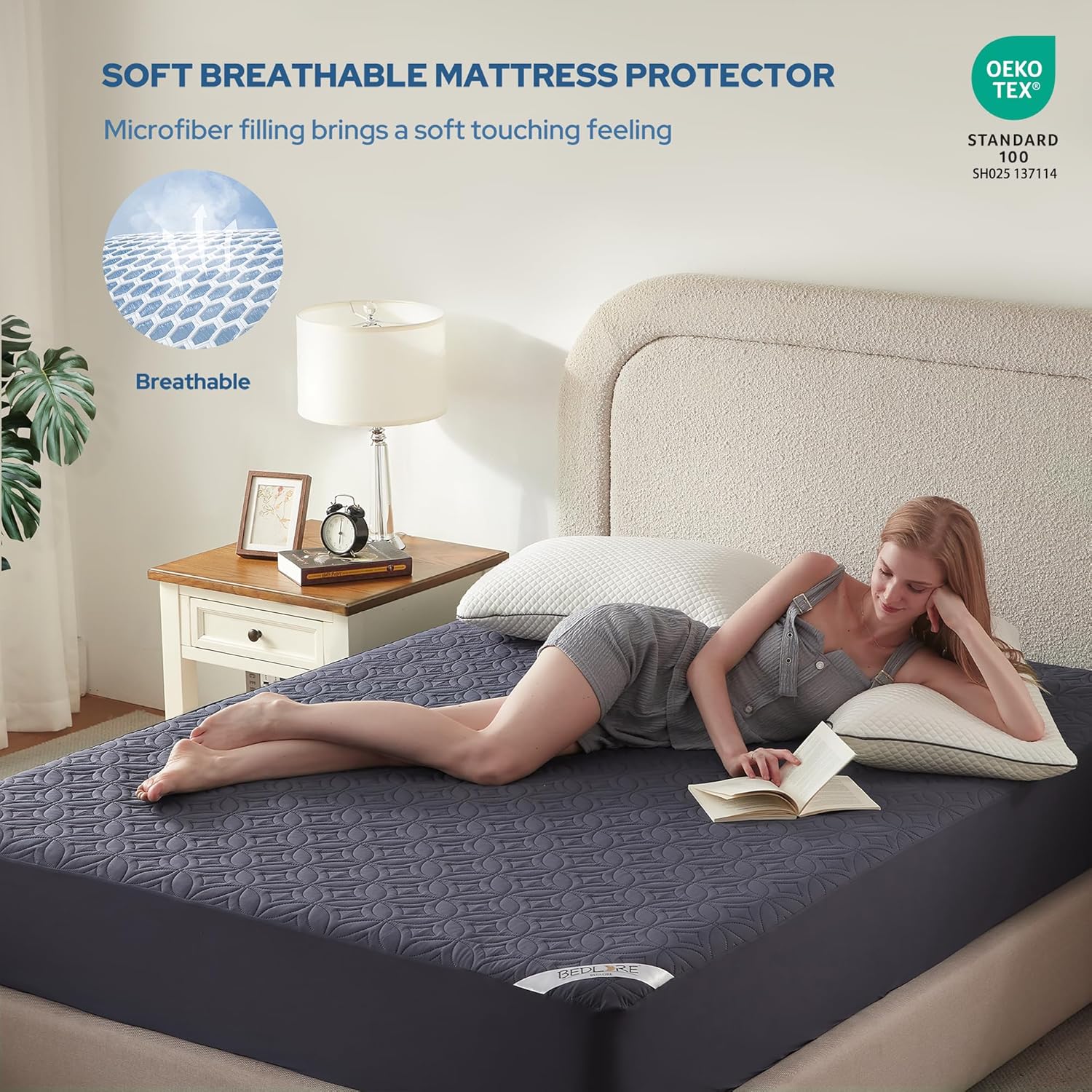 BEDLORE Waterproof Mattress Protector, Cal King Size Mattress Pad with Deep Pocket 6"-18" Depth, Soft Dirt-Proof Double Bed Mattress Cover for Bedroom, College Dorm, Hotel (Navy Blue)