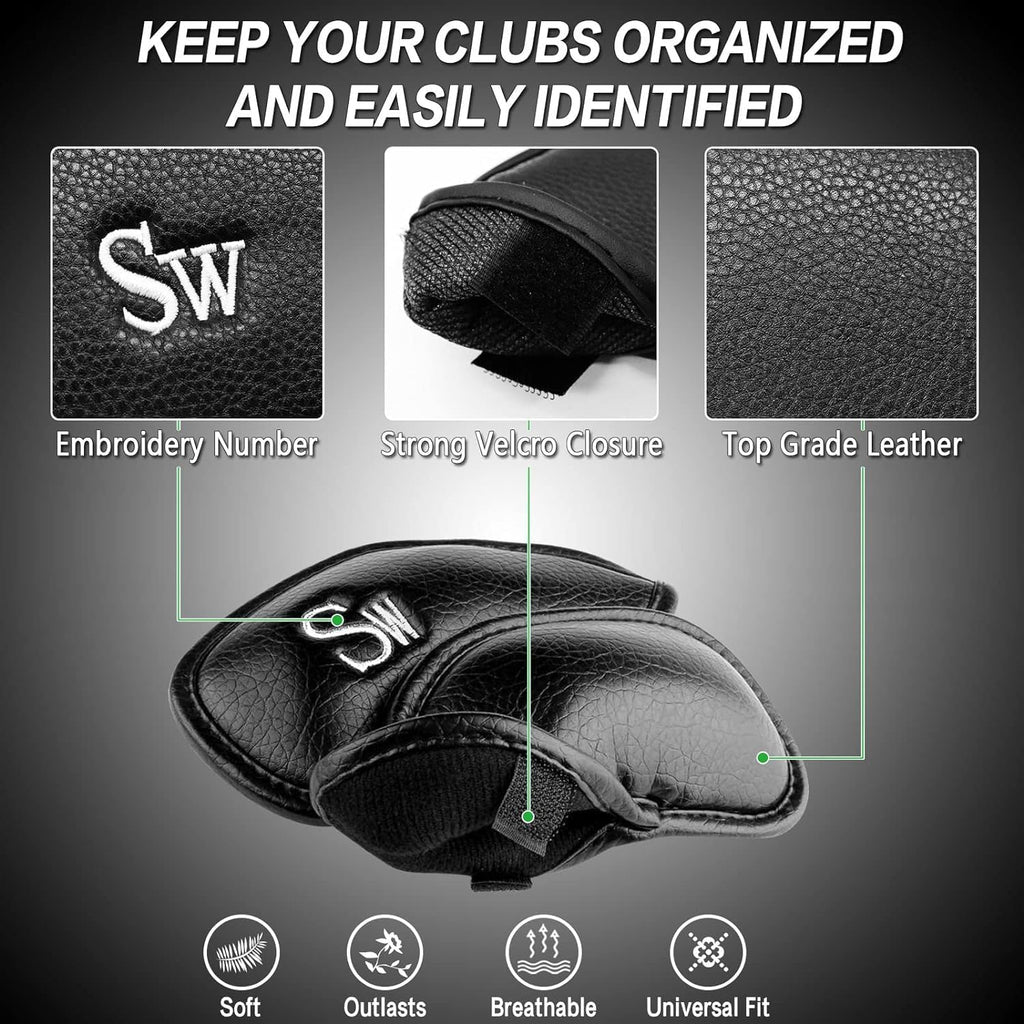 FINGER TEN Premium Synthetic Leather Stylish Iron & Wedge Golf Head Covers Value 12 Piece Set, Embroidered Labels & Fits Most Clubs Gift Set, Travel Protection Accessories