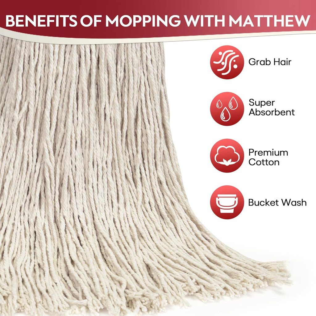 MATTHEW CLEANING 16oz 12Pack Cotton Mop Head Replacement,Cotton Looped-Open String Heavy Duty String Mop Refills, Universal Headband Blend,Floor Cleaning for Home, Industrial and Commercial Use(White)