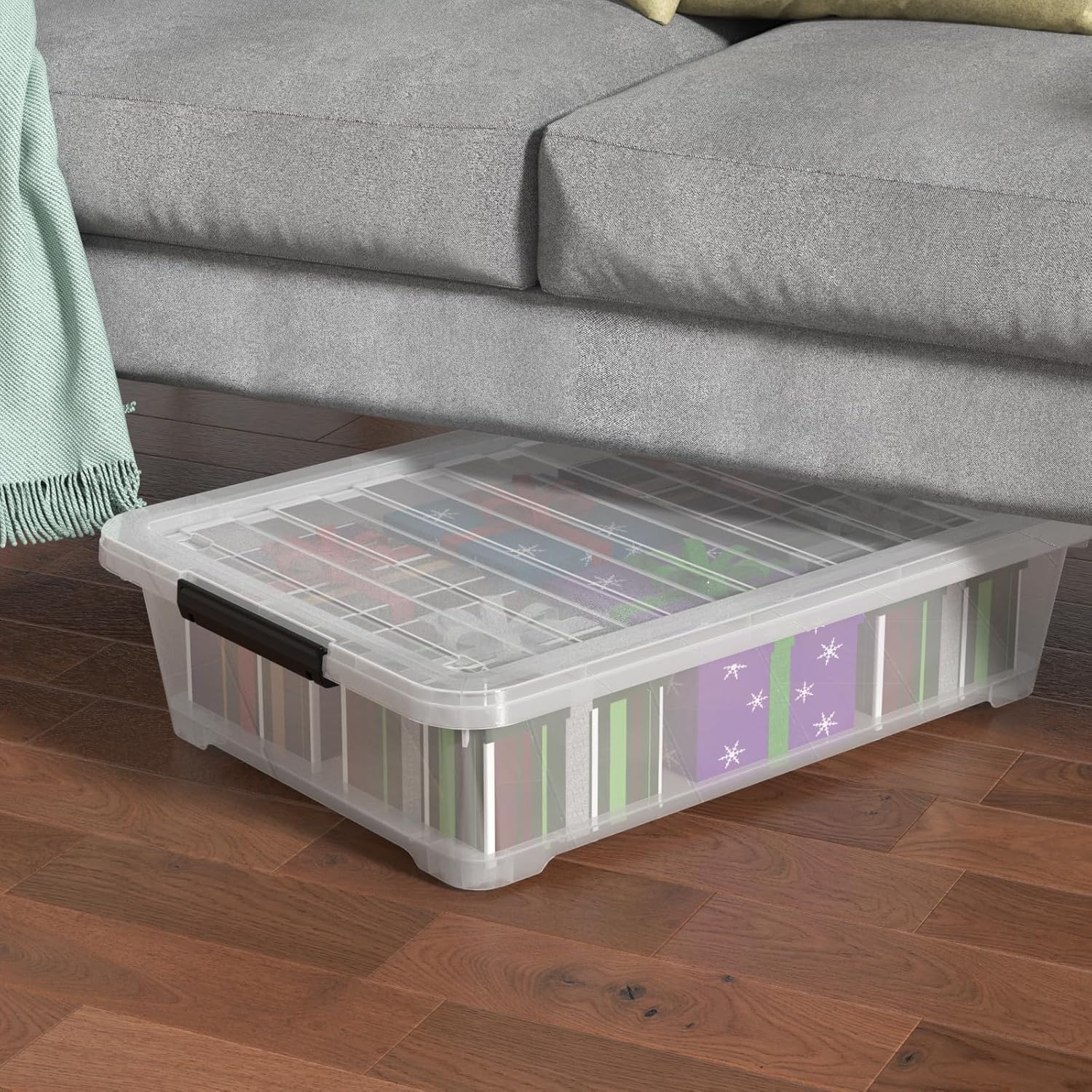 Set of 3 42 L Clear Plastic Under The Bed Storage Bins, Underbed Box with Latching Lid and Wheels, Flat Container for Dormitory, Apartment, Attic