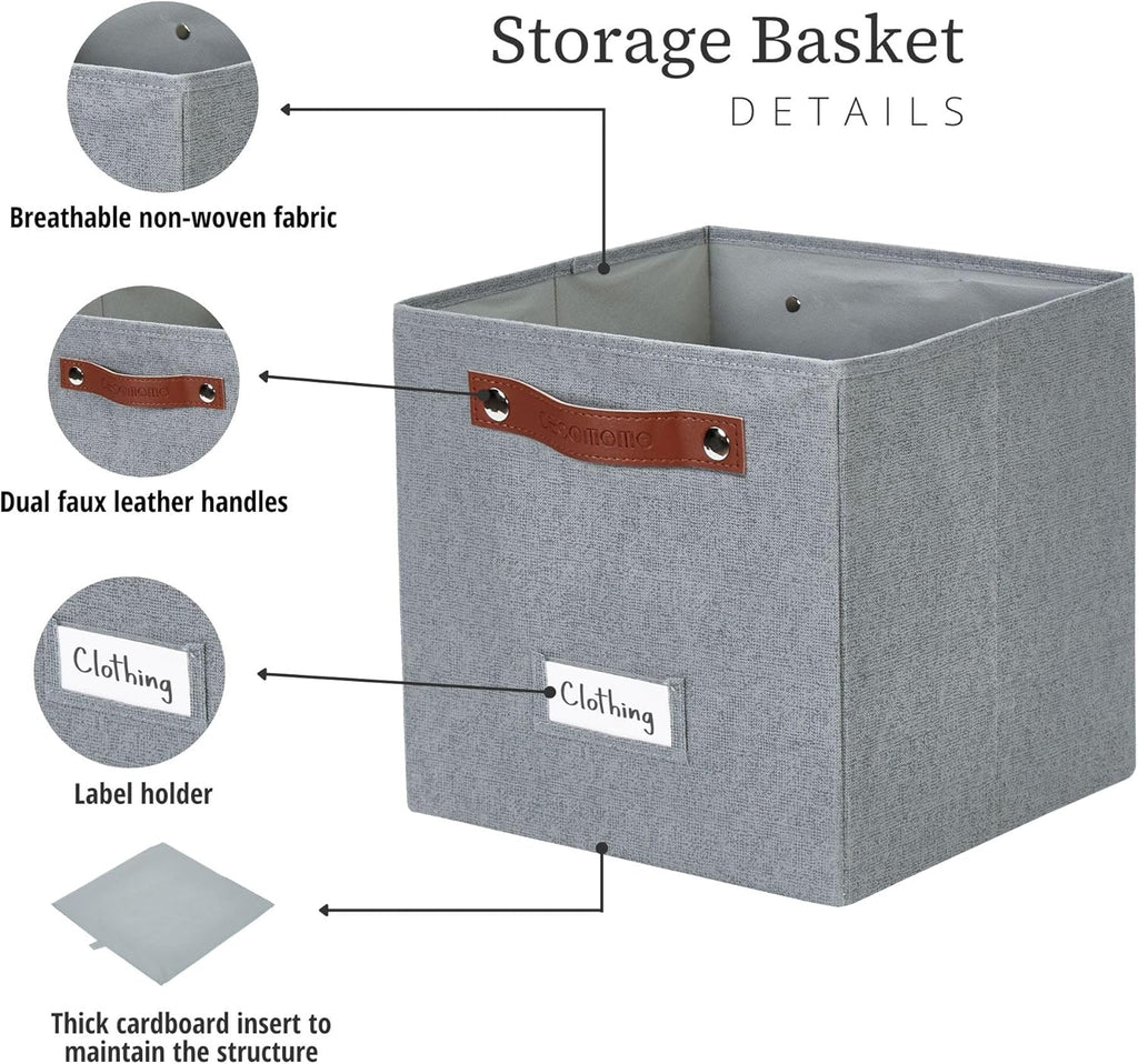 DECOMOMO Storage Bins, Cube Storage Bin with Labels, Fabric Storage Cubes for Shelves (11" / 6pcs, Texture Grey)