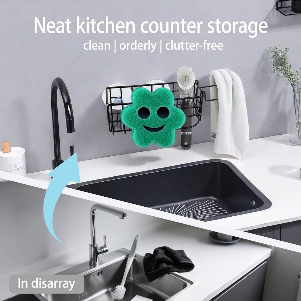 Sponge Holder Smile Face with Dish Cloth Hanger for Kitchen Sink, in-Sink Caddy Organizer with Suction Cups & Adhesive Strips, Rustproof Sponge Rack for Soap, Brush, Scrubber - Black（2 Pack）