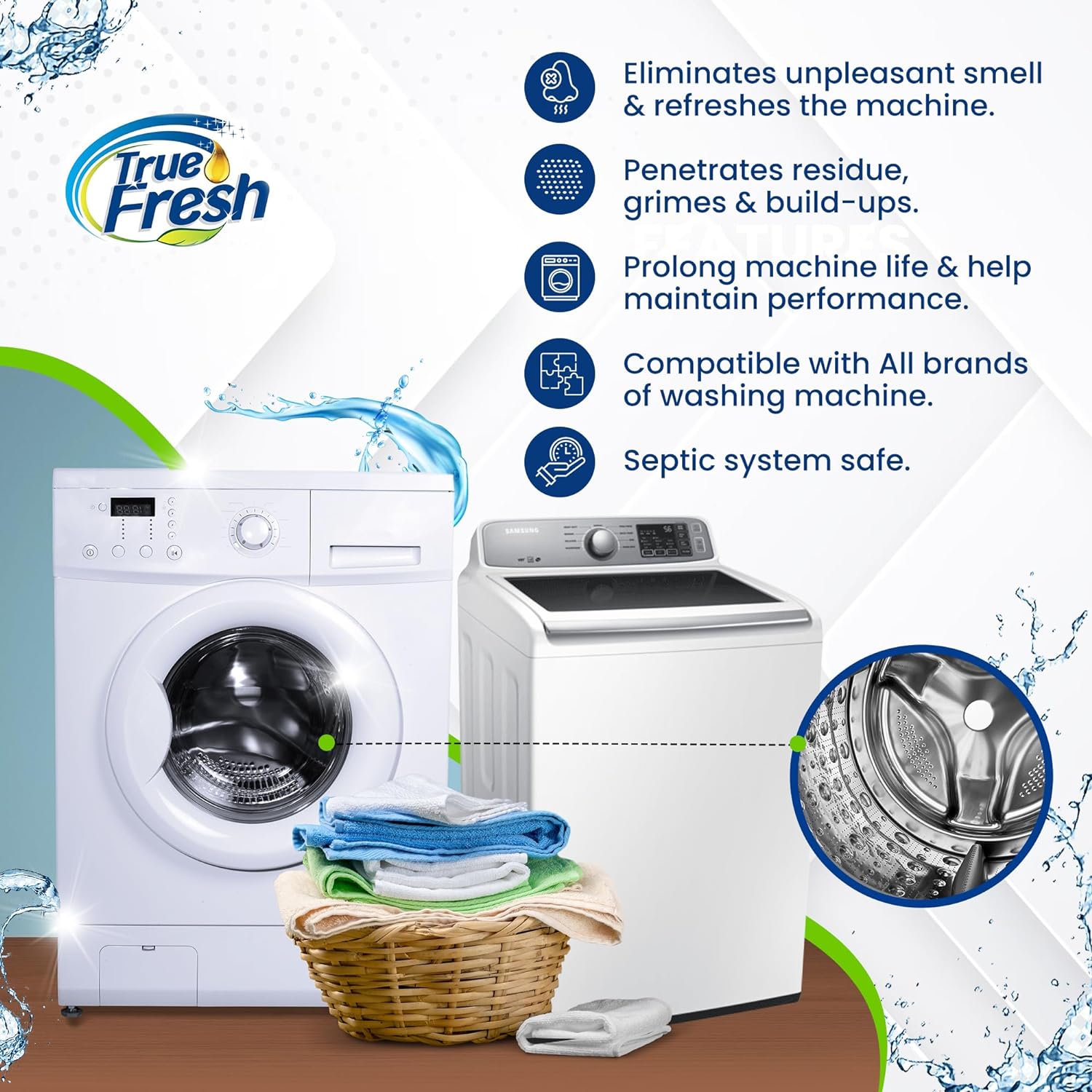 True Fresh Washing Machine Cleaner Tablets, 15 Solid Deep Cleaning Tablet, Finally Clean All Washers Machines Including HE Front Loader Top Load