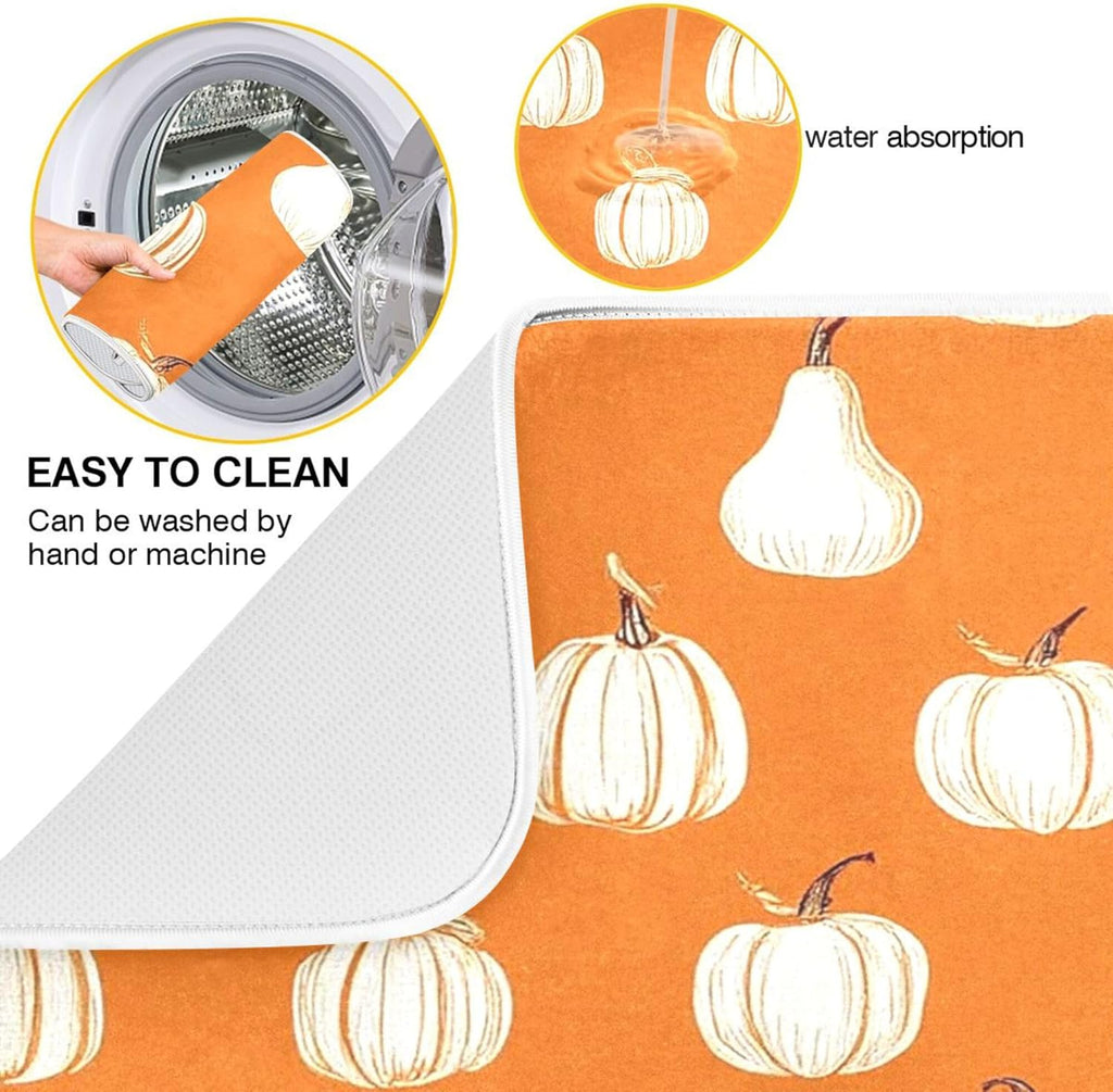 Hello Fall Burnt Orange Dish Drying Mat for Kitchen Countertop 16x18 Autumn Pumpkin Small Drying Mat Reusable Quick Dry Dish Sink Mats Easy Clean Decorative Essentials