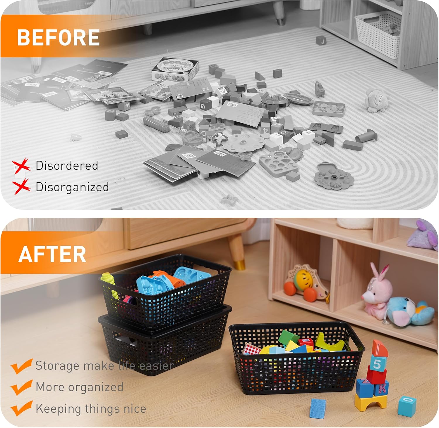 Plastic Storage Baskets With Lid, Storage Bins for Organizing, Stackable Decorative Containers for Shelves Drawers Desktop Closet Playroom Classroom Office, 6 Pack-Black