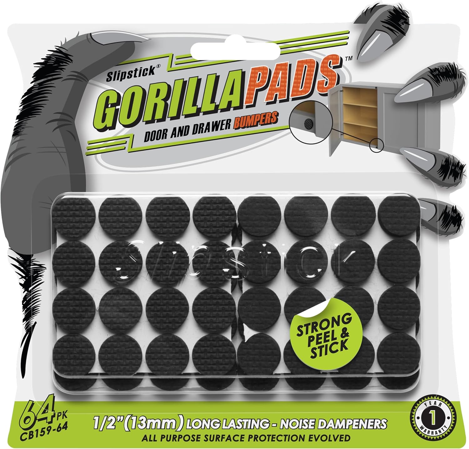 Slipstick GorillaBumperPads Premium 1/2” Rounds Adhesive Non Slip Pads/Bumpers (64 Gripper Dots) Perfect Grips for Small Items/Décor, Cabinet Stoppers, Drawer/Door Bumpers, Glass/Picture Frame Pads