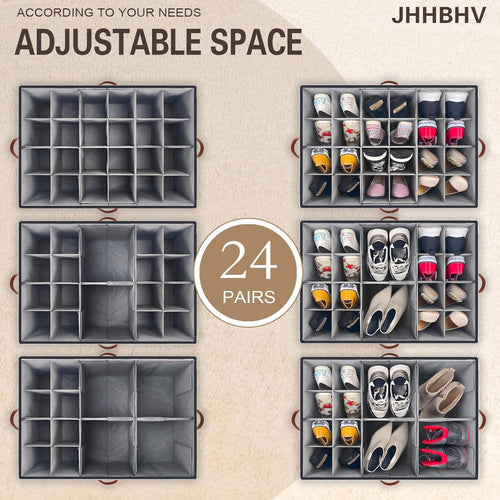 1 Pack Shoe Organizer for Closet, Adjustable Shoe Box Storage Containers, Large Foldable Shoe Bins with Clear Cover, Space Saving Shoes Holder with 4 Handles, Fits 12-24 Pairs, Black