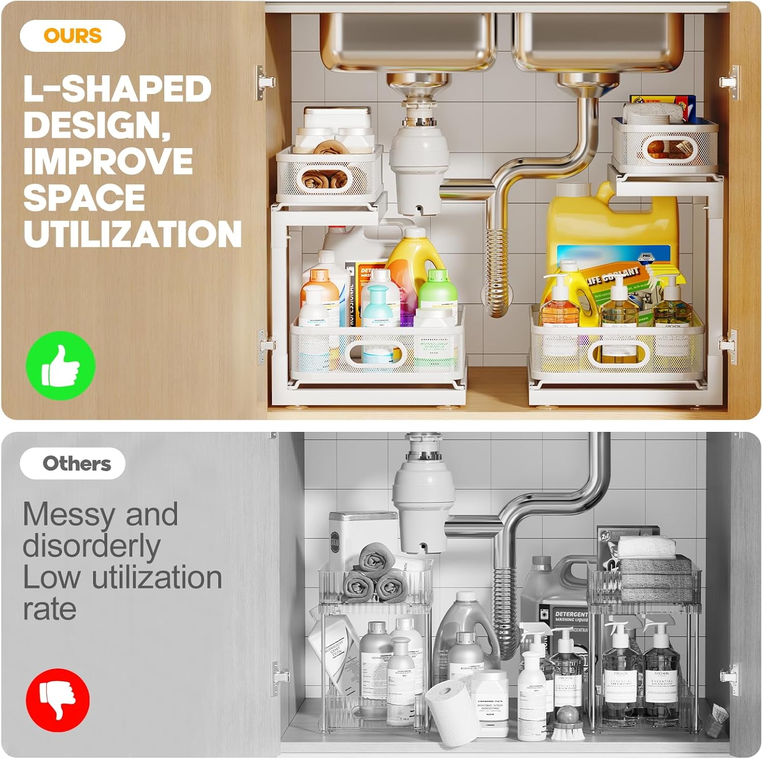 2-Pack Under Sink Storage Organizer with 2-Tier Slide Out Drawer, Sophisticated Mesh Pull Out Shelf for Kitchen & Bathroom, Fits Small Items, Upgraded Arched Track for Smooth Gliding(Patented)