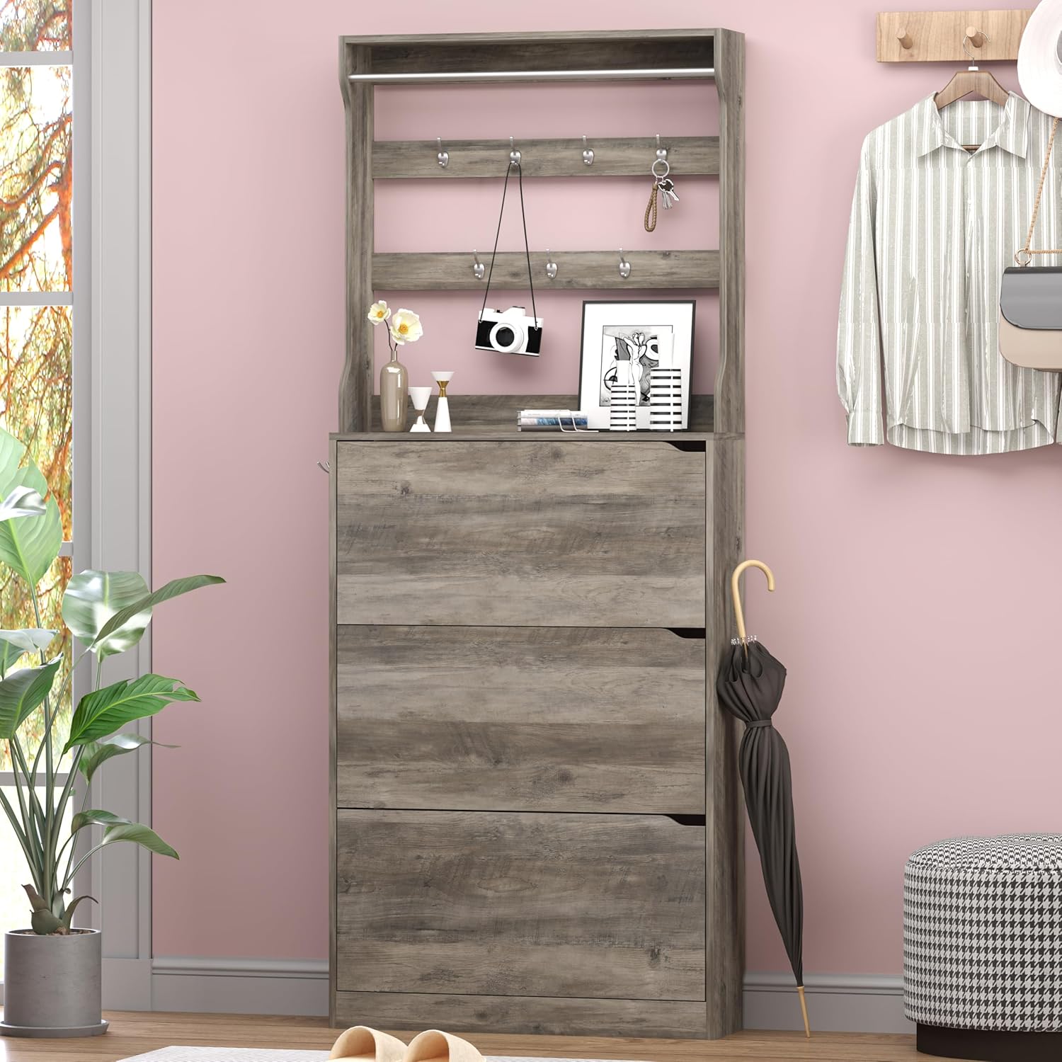 Shoe Cabinet with 3 Flip Drawers & Coat Rack, Narrow Hidden Shoe Storage Cabinet, 2-in-1 Hall Tree Slim Freestanding Shoe Rack Organizer for Entryway, Hallway, and Living Room