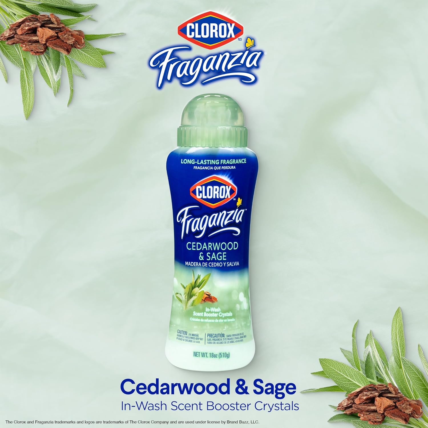 Clorox Fraganzia Laundry Scent Booster Crystals in Cedarwood & Sage Scent - Scented In-Wash Freshener Beads for Fresh, Clean, Great Smelling Clothes and Linens, 18 Oz - 2 Pack