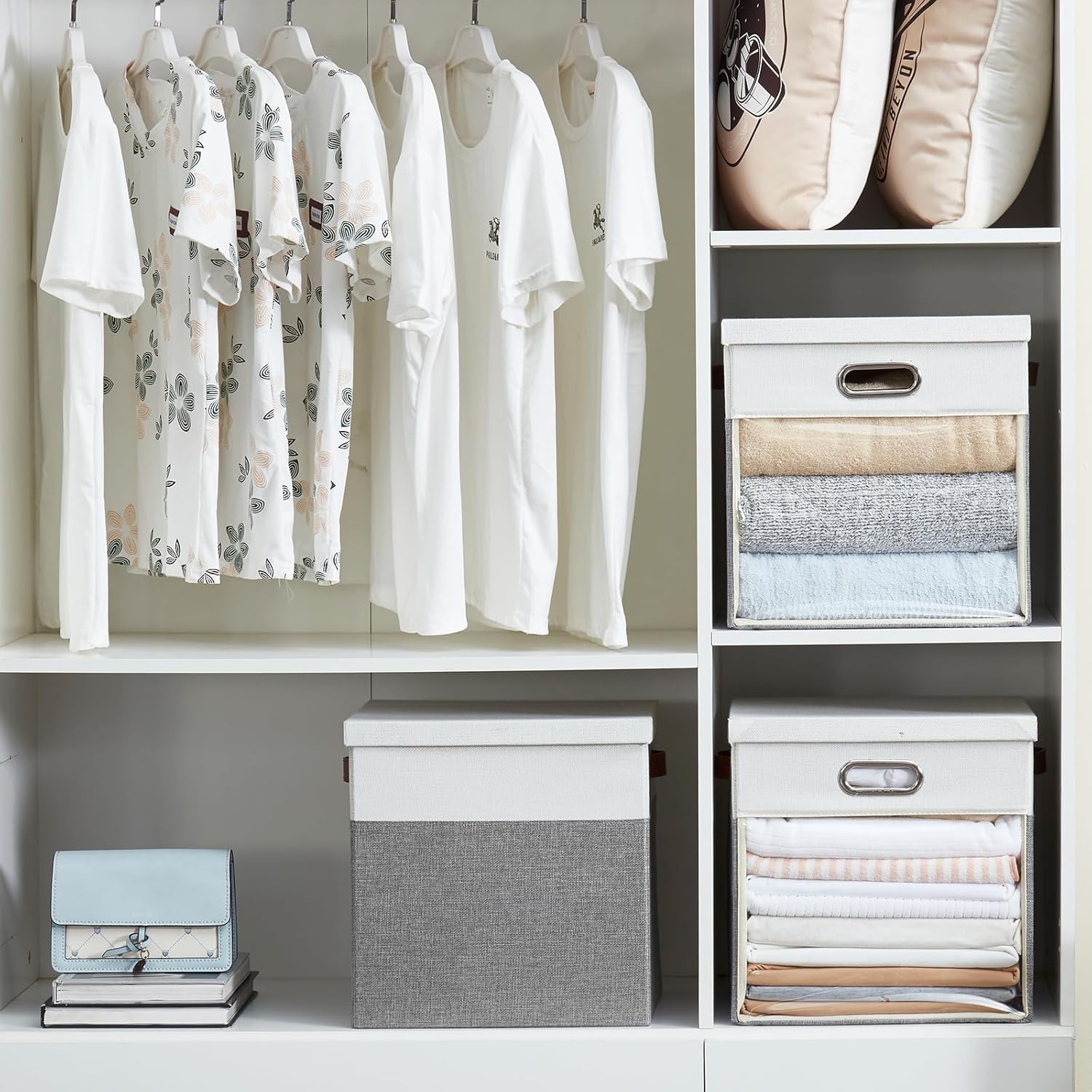 Fabric Storage Cubes with Clear Windows and Lids, 13'' Foldable Storage Bins with 3 Handles, Decorative Storage Boxes for Home, Bedroom, Closet, Office (Gray & White)