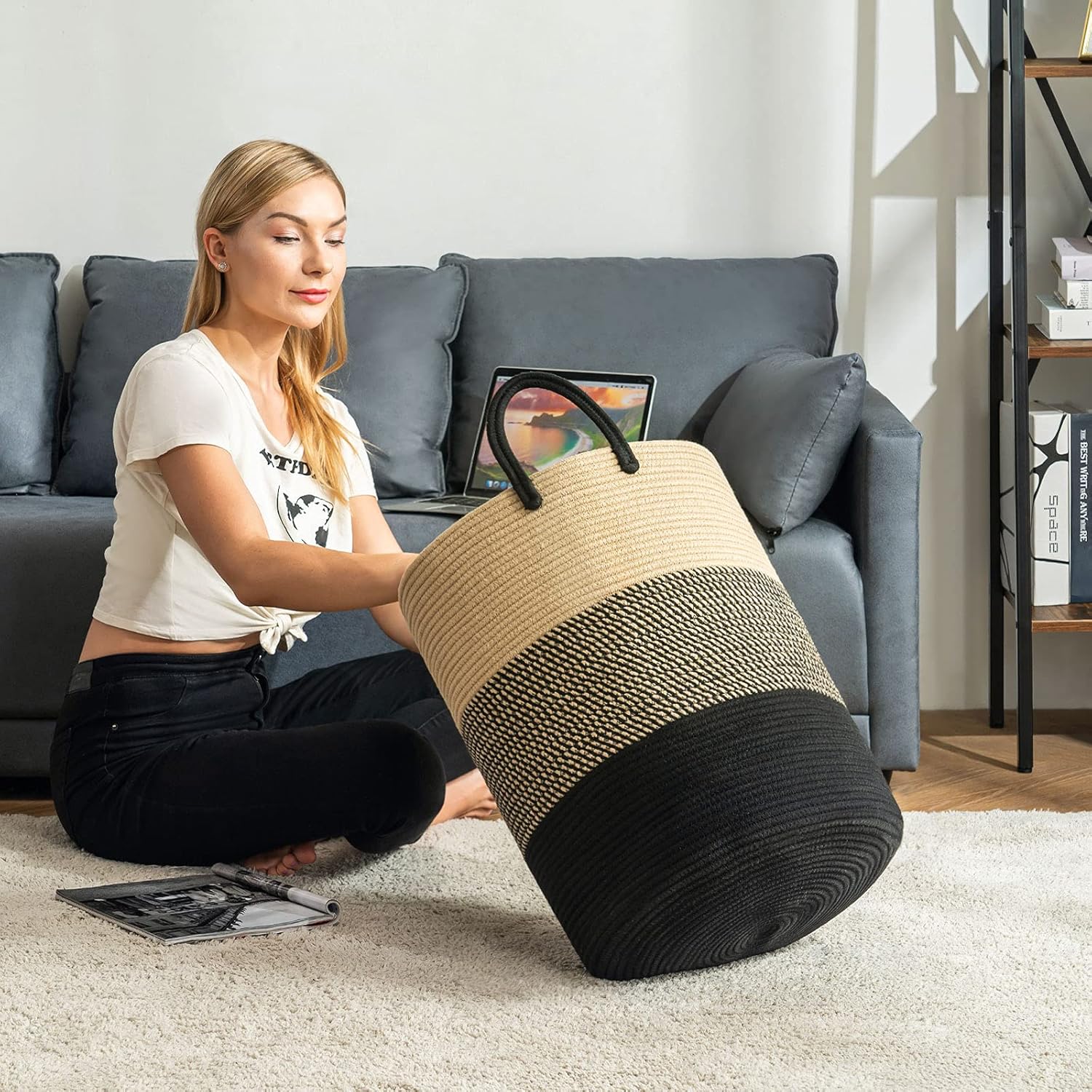 YOUDENOVA Woven Rope Laundry Hamper Basket, 100L Tall Laundry Basket, Baby Nursery Hamper for Blanket Storage, Clothes Hamper for Laundry in Bedroom-Extra Large-Black Brown