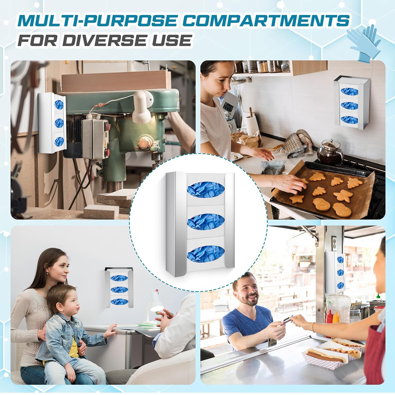 Blulu 4 Pack Glove Box Holder/Dispenser Stainless Steel Triple Wall Mounted Glove Box Organizer, 9.84" H x 14.96" W x 3.74" D
