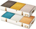 Vailando Under Bed Storage Containers, Foldable Storage Bins for Blankets, Comforter, and Seasonal Clothing, 6 Inches Tall, Beige with Brown Leather Handles, 2-Pack