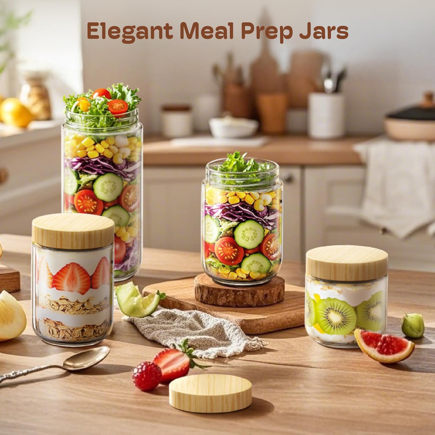 6 Pack 16oz Overnight Oats Containers with Bamboo Lids, Glass Jars with Airtight Lids for Meal Prep, Wide Mouth Mason Salad Jars, Glass Food Storage Container for Yogurt Chia Snacks Spice Sugar