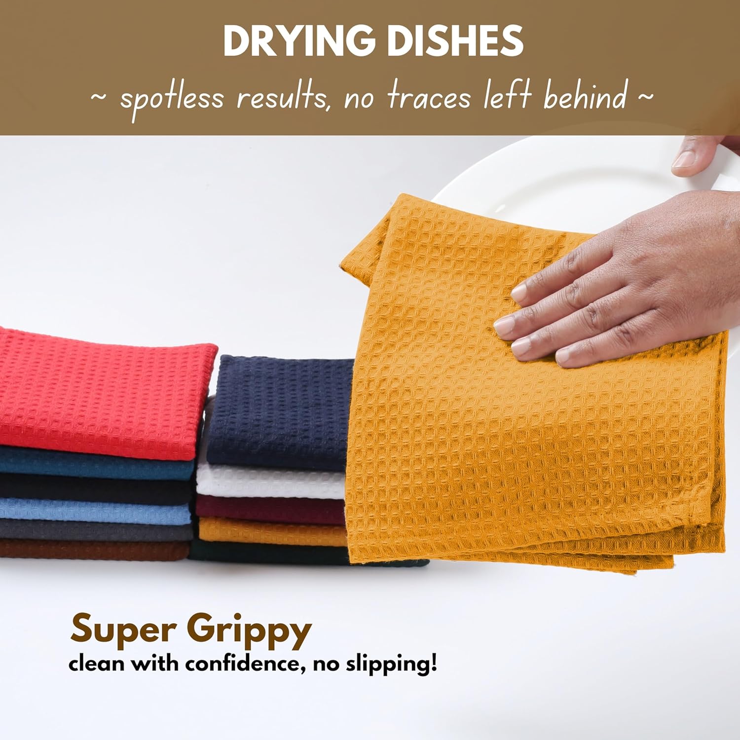 Native Fab Cotton Kitchen Towel with Hanging Loop 16x26 inches, 6-Pack, Waffle Weave Kitchen Towels for Cleaning Drying, Washcloths Soft & Absorbent Cloth Rags, Bar Towel, Dish Cloth, Mustard Yellow