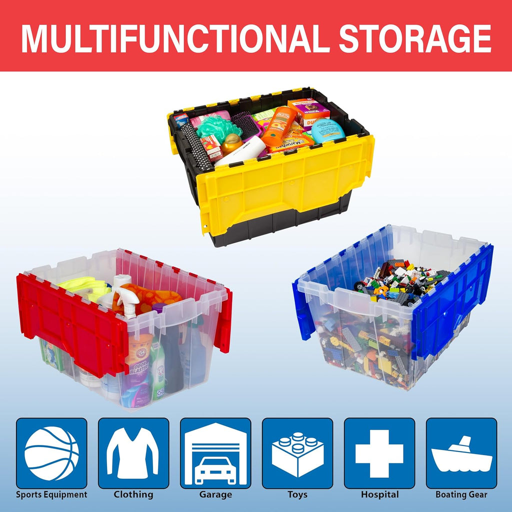 Akro-Mils KeepBox 12 Gallon Storage Container, Nesting and Stackable Plastic Storage Box with Lid Attached, Clear Tote for Garages, Closets, and Moving, 21-1/2" x 15" x 12-1/2", Black/Yellow