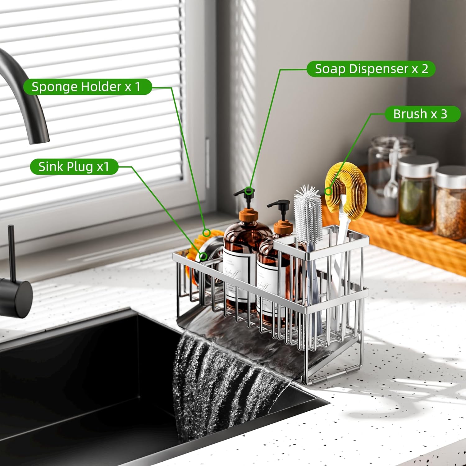 Cisily Extra Large Silver Kitchen Sink Caddy Organzier with High Brush Holder, Sponge Holder for Sink, 304 Rustproof Stainless, Kitchen Countertop Soap Dispenser Organizer For Decor and Accessories