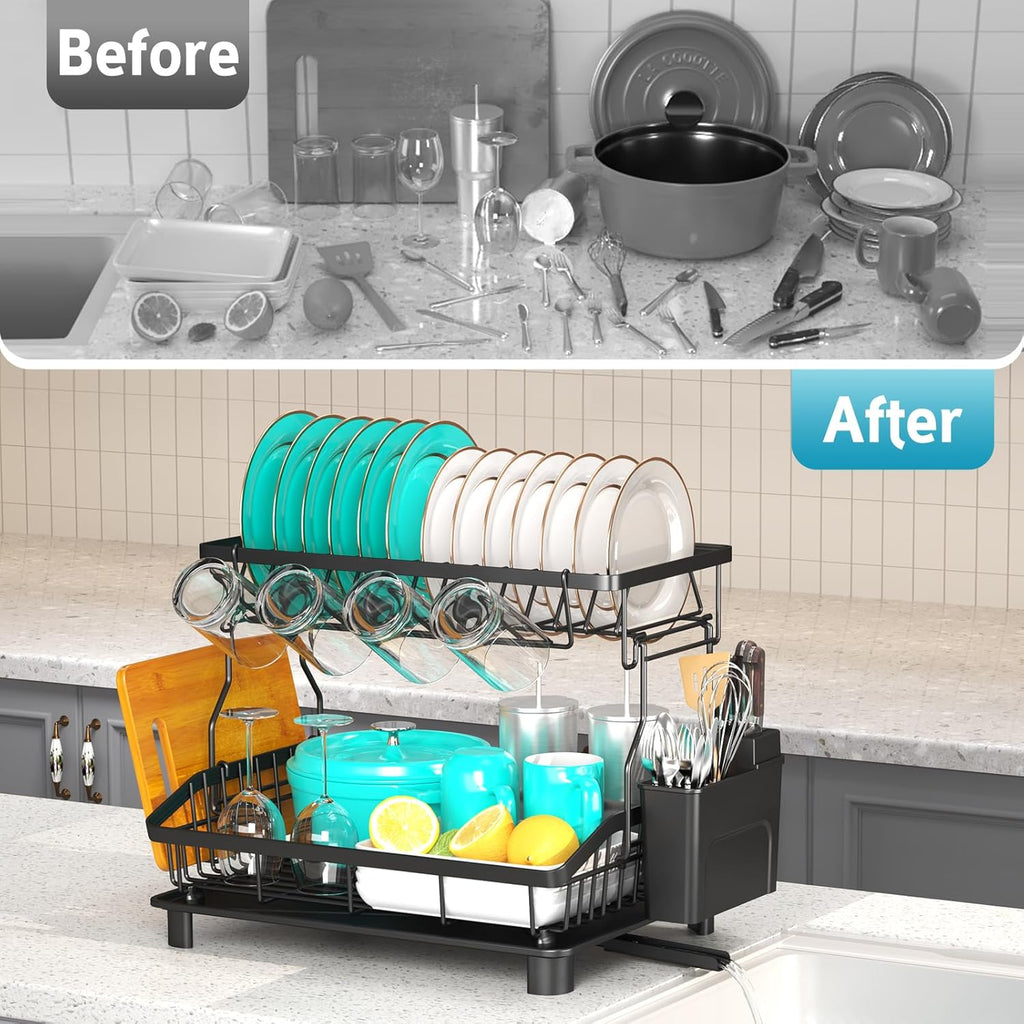 Dish Drying Rack - 2 Tier Large Capacity Dish Rack- Dish Racks for Kitchen Counter with Drainboard, Rustproof Dish Drainer with Removable Utensil Holder,Cutting Board Holder,Cup Holder, Black