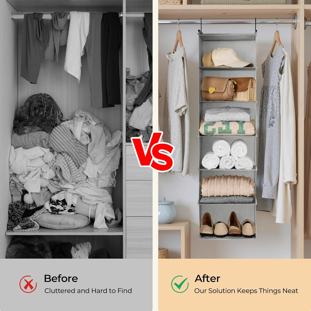 GRANNY SAYS 6 Shelf Hanging Closet Organizers and Storage, Collapsible Closet Hanging Organizer with 2 Sturdy Hooks, Large Hanging Shelves for Kids Baby Clothing Organizer, Ash Gray
