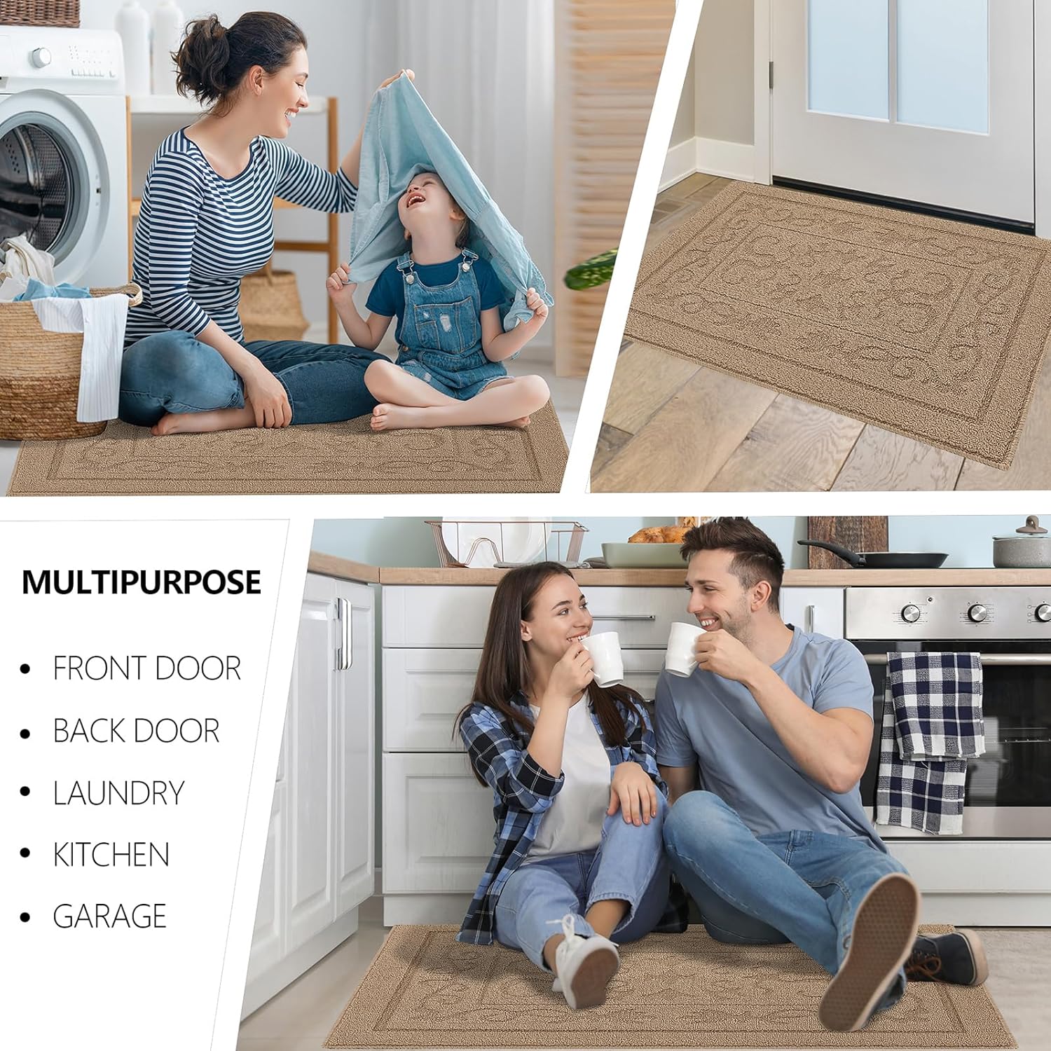 FONEYI Indoor Door Mat 24" x 36", Dirt Trapper Door Mats Non-Slip Entryway Rugs Washable, Absorbent Resist Dirt Welcome Mat, Low Profile Inside Floor Mats for Front Back Door and Entryway, Beige