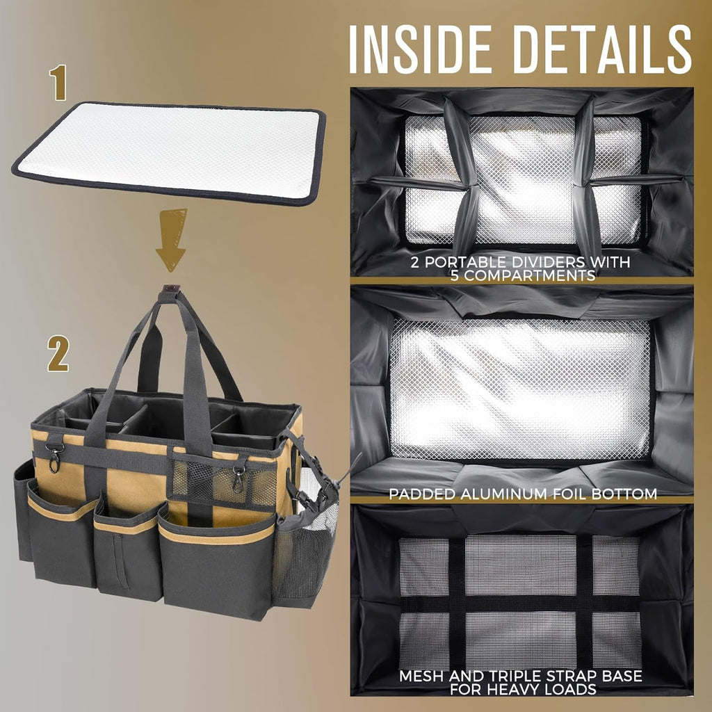 Wearable Cleaning Caddy Organizer with Handle & Shoulder Straps for Housekeepers, Under Sink & Car Cleaning Tool Organizer Bag with 4 Foldable Dividers (Tan)