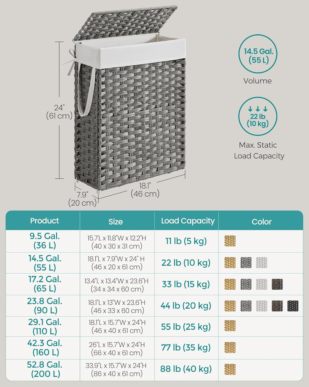 SONGMICS Slim Laundry Hamper with Lid, 14.5 Gallon (55L) Rattan Clothes Laundry Basket with Lid and Handles, Foldable, Removable Liner, Dove Gray ULCB164G01