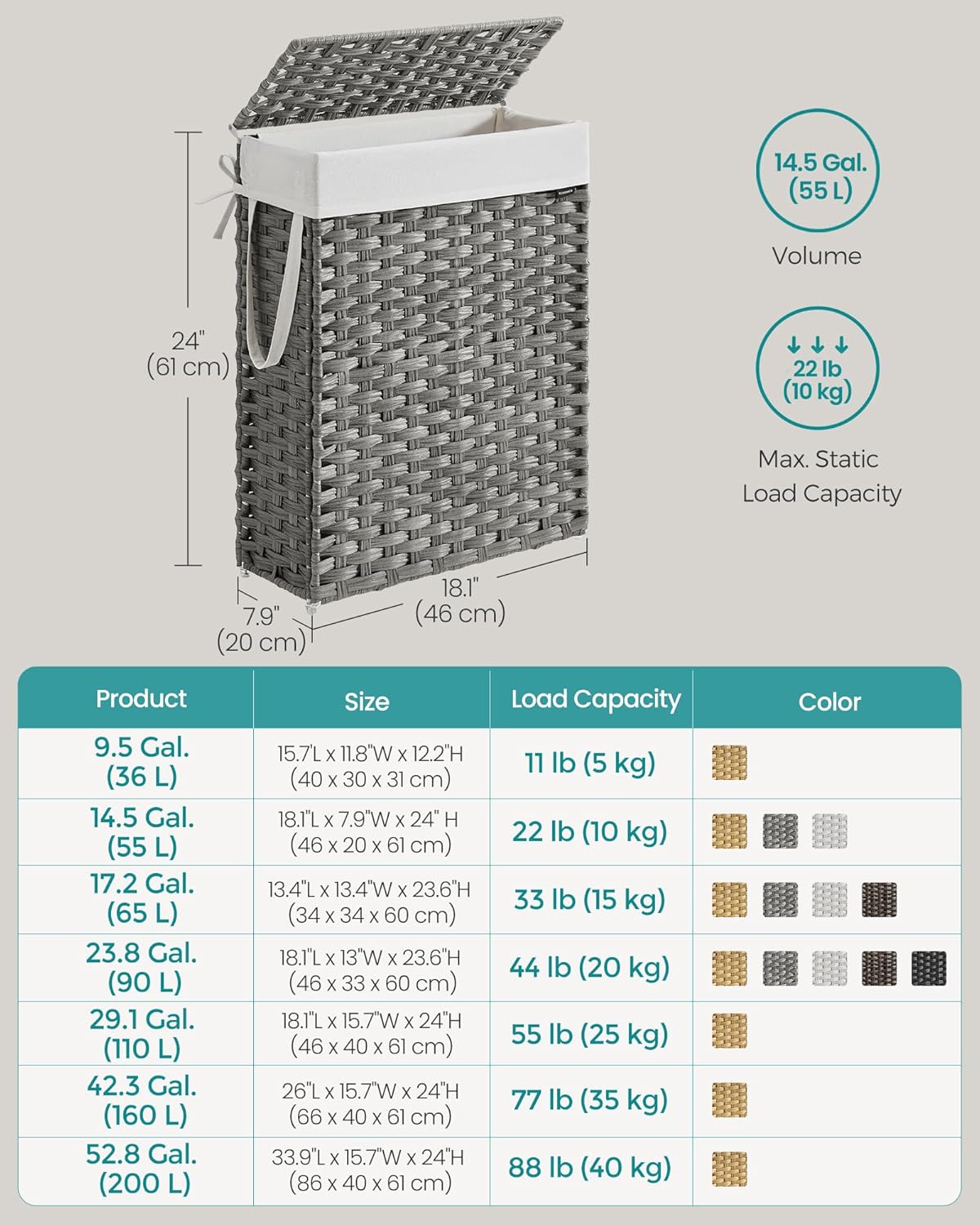 SONGMICS Slim Laundry Hamper with Lid, 14.5 Gallon (55L) Rattan Clothes Laundry Basket with Lid and Handles, Foldable, Removable Liner, Dove Gray ULCB164G01