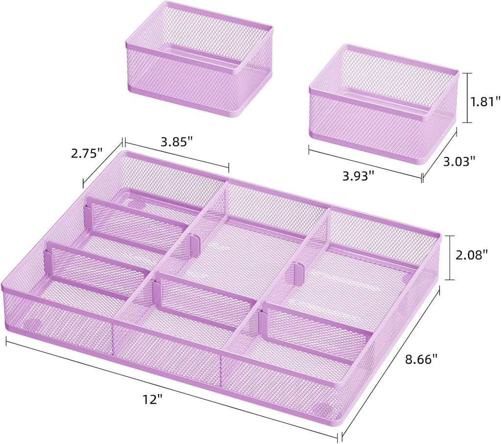 Marbrasse 3 Packs Desk Drawer Organizers, Metal Mesh Dividers with 9 Adjustable Compartments, Pen Organizer for Drawer Tray Box Accessories for Desktop,Kitchen, Makeup(Purple)