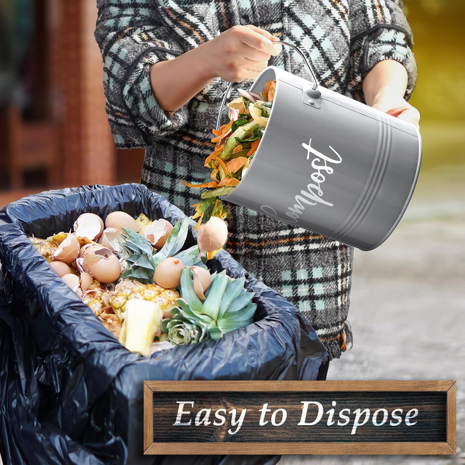 Gray Compost Bin Kitchen, 1.3 Gallon Farmhouse Kitchen Compost Bin Countertop with Lid and Charcoal Filters, Indoor Compost Bucket for Decor and Accessories