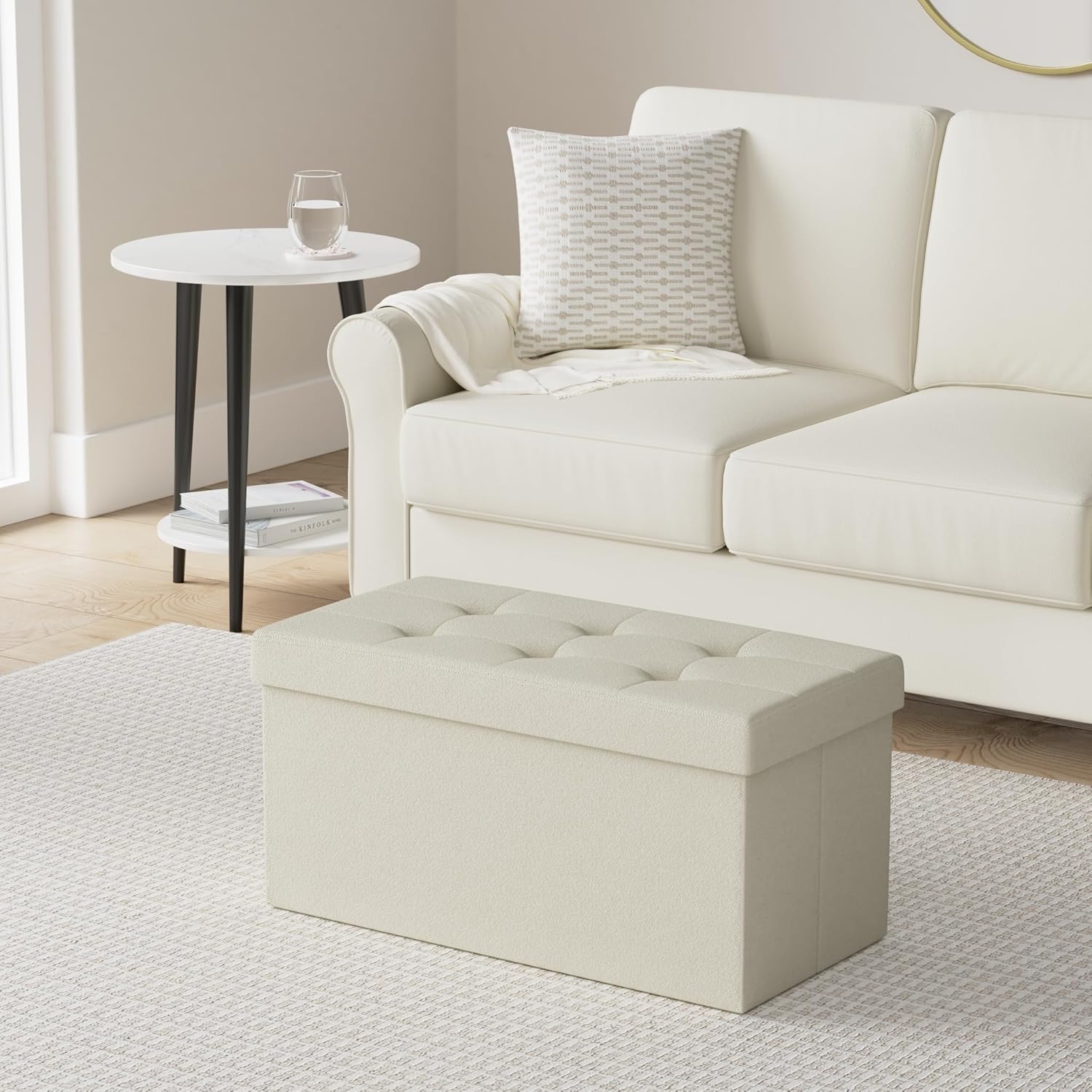 SONGMICS MAZIE Collection - 30 Inches Folding Storage Ottoman Bench, Ottoman Foot Rest, End of Bed Bench, Storage Chest, Load 660 lb, for Living Room, Bedroom, Entryway, Cream White ULSF47BE