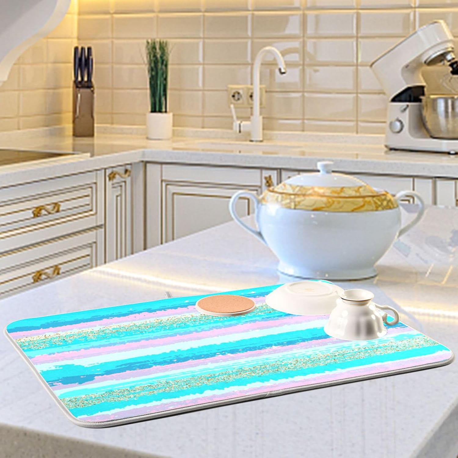 Turquoise Stripe Dish Drying Mat for Kitchen Countertop 18x24 Rectangle Teal Aqua Large Drying Mat Reusable Quick Dry Dish Sink Absorbent Mats Dishwasher Easy Clean Decorative Home Decor Essentials