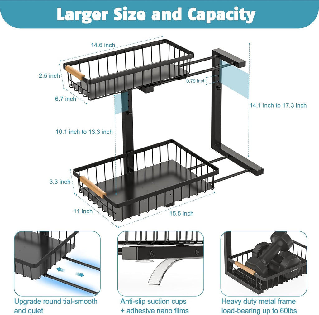 Under Sink Organizer Storage 1 pack, 2 Tier Slide Out Height Adjustable Pull Out Cabinet Organizer Drawers, Kitchen Bathroom Large Capacity Metal Under Sink Rack Caddy Basket Shelves, Black