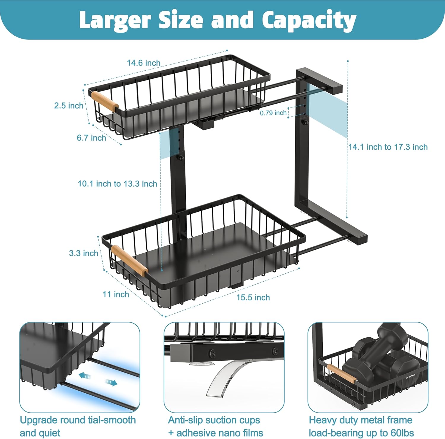 Under Sink Organizer Storage 1 pack, 2 Tier Slide Out Height Adjustable Pull Out Cabinet Organizer Drawers, Kitchen Bathroom Large Capacity Metal Under Sink Rack Caddy Basket Shelves, Black