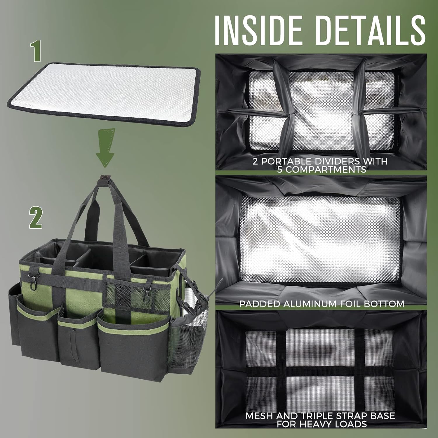 Wearable Cleaning Caddy Organizer with Handle & Shoulder Straps for Housekeepers, Under Sink & Car Cleaning Tool Organizer Bag with 4 Foldable Dividers (Green)