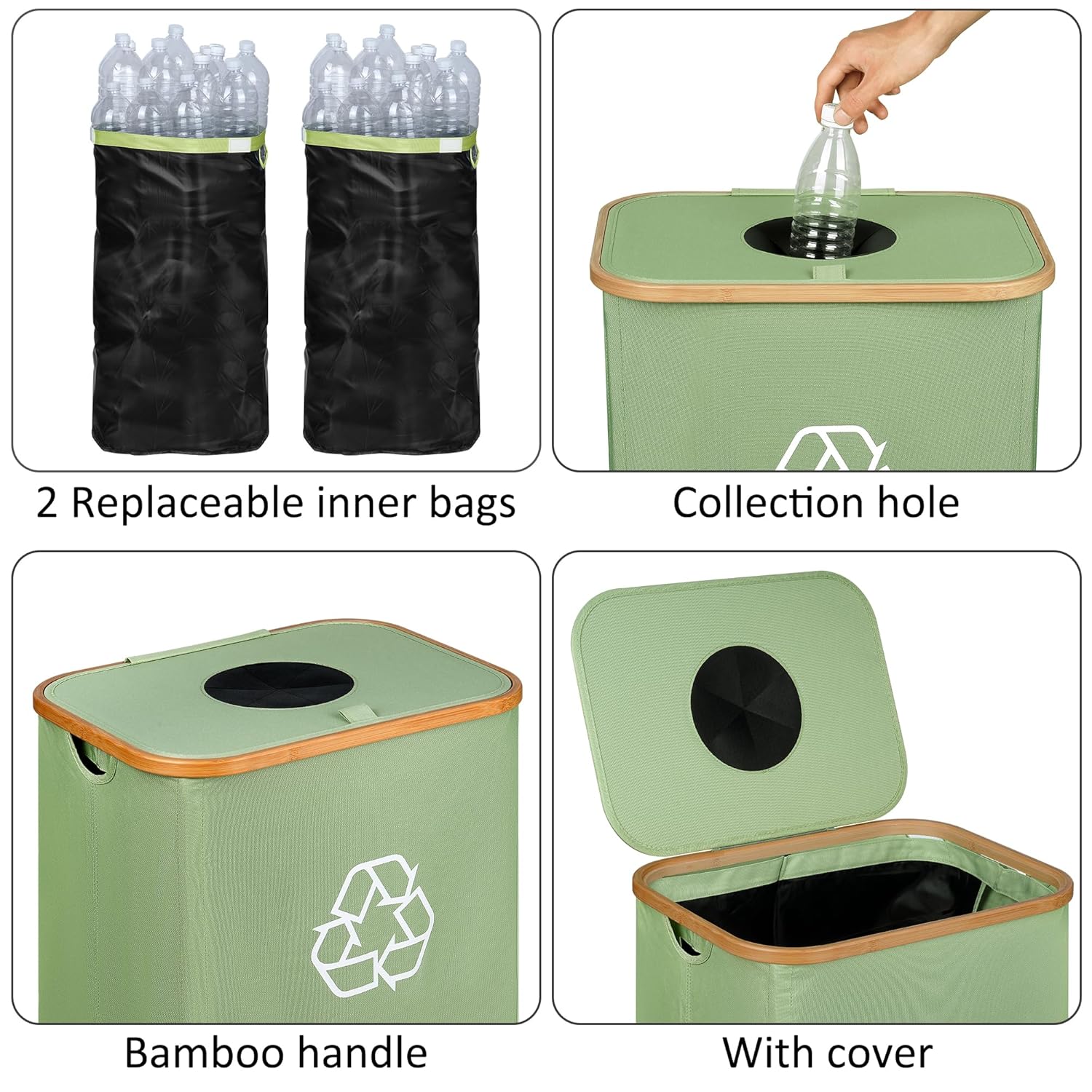 29 Gallons Recycling Bins for Kitchen, Indoor Recycle Bins with Lid, 110L Large Recycle bin with 2 Removeable Reusable Inner Bags, for Bottles Cans Glass Plastice Cartons(Green)