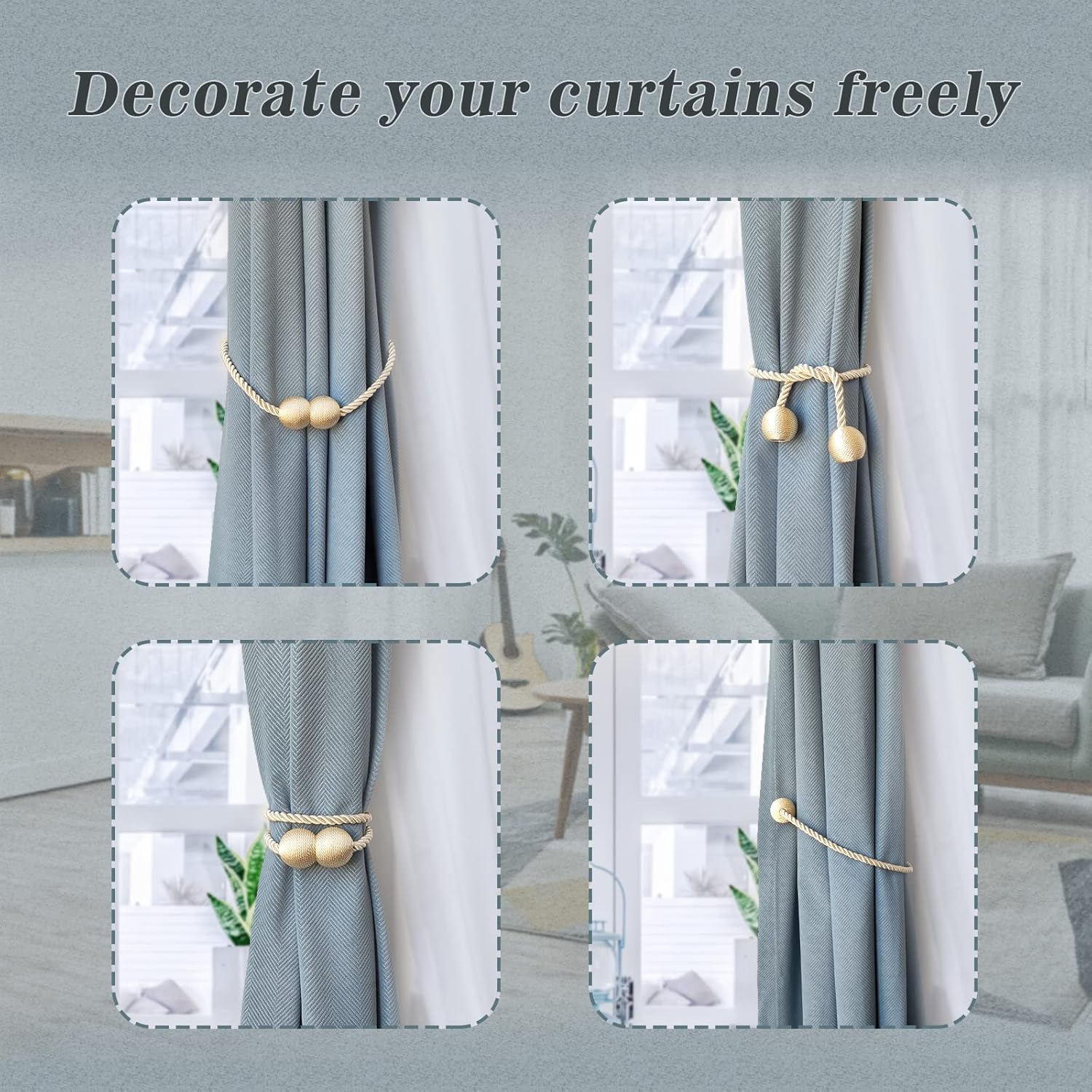 Hion Magnetic Curtain Tiebacks Beige 4 Pack, Curtain Tiebacks Buckles Holdbacks Holders Hooks Clip for Home Bedroom Office Decorative Thick or Thin Curtain