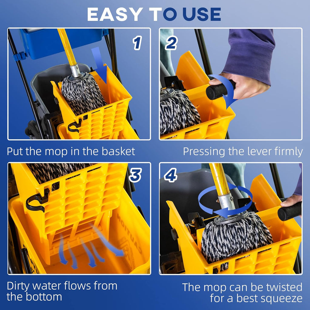 HOMCOM 2 x 6.9 Gallon Mop Water Bucket Wringer Cart with Easy to Use Side Press Wringer, Smooth Wheels, Mop-Handle Holder