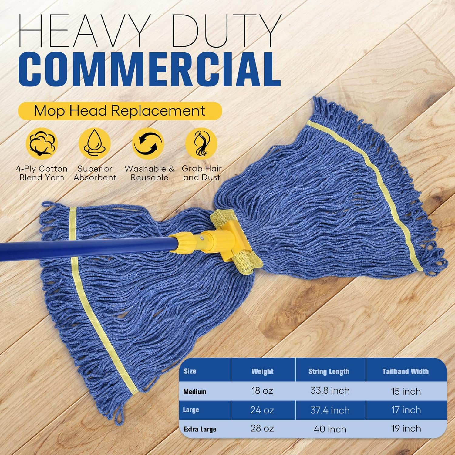 Matthew Cleaning Commercial Mop Head Replacement, 5 Inch Wide Headband, Looped End Cotton Blend String Wet Mops for Floor Cleaning, 24 oz Large, Case Pack 12 Pcs Blue