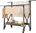 Heavy Duty Rolling Clothing Rack with Wheels, Portable Double Rod Metal Garment Rack, Clothes Drying Hanging Organizer for Laundry, Storage, Freestanding Adjustable Coat Hanger (Extendable, Grey)