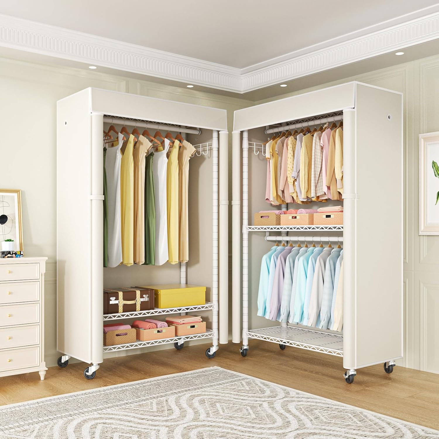 FUTASSI White Clothing Rack with Beige Cover, P1C Rolling Closets with Wheels, Metal Garment Rack for Hanging Clothes, Clothing Storage Wardrobe, 36.2" W x 16.5" D x 80.5" H, Load 450 Pounds