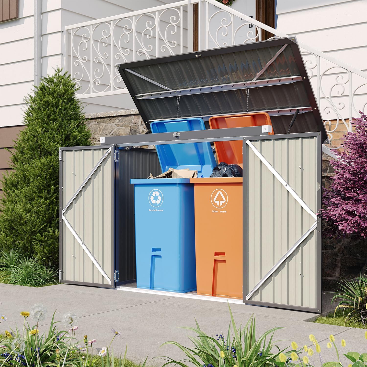Aoxun 80 CU.FT Outdoor Storage Shed Metal Trash Can Storage with Chain Lid Waterproof Outdoor Garbage Can Organizer, Ideal for 2 Trash Bins, Toys, Garden Tools (Black)