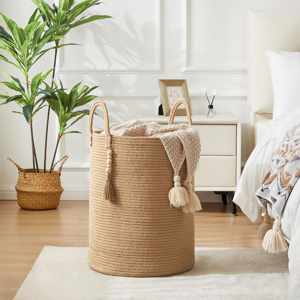 Jute Woven Rope Laundry Hamper, Tall Laundry Basket for Blanket Storage, Large Dirty Clothes Hamper for Toys, Decorative Baby Nursery Hamper for Bedroom, Living Room - Jute Brown, 72L