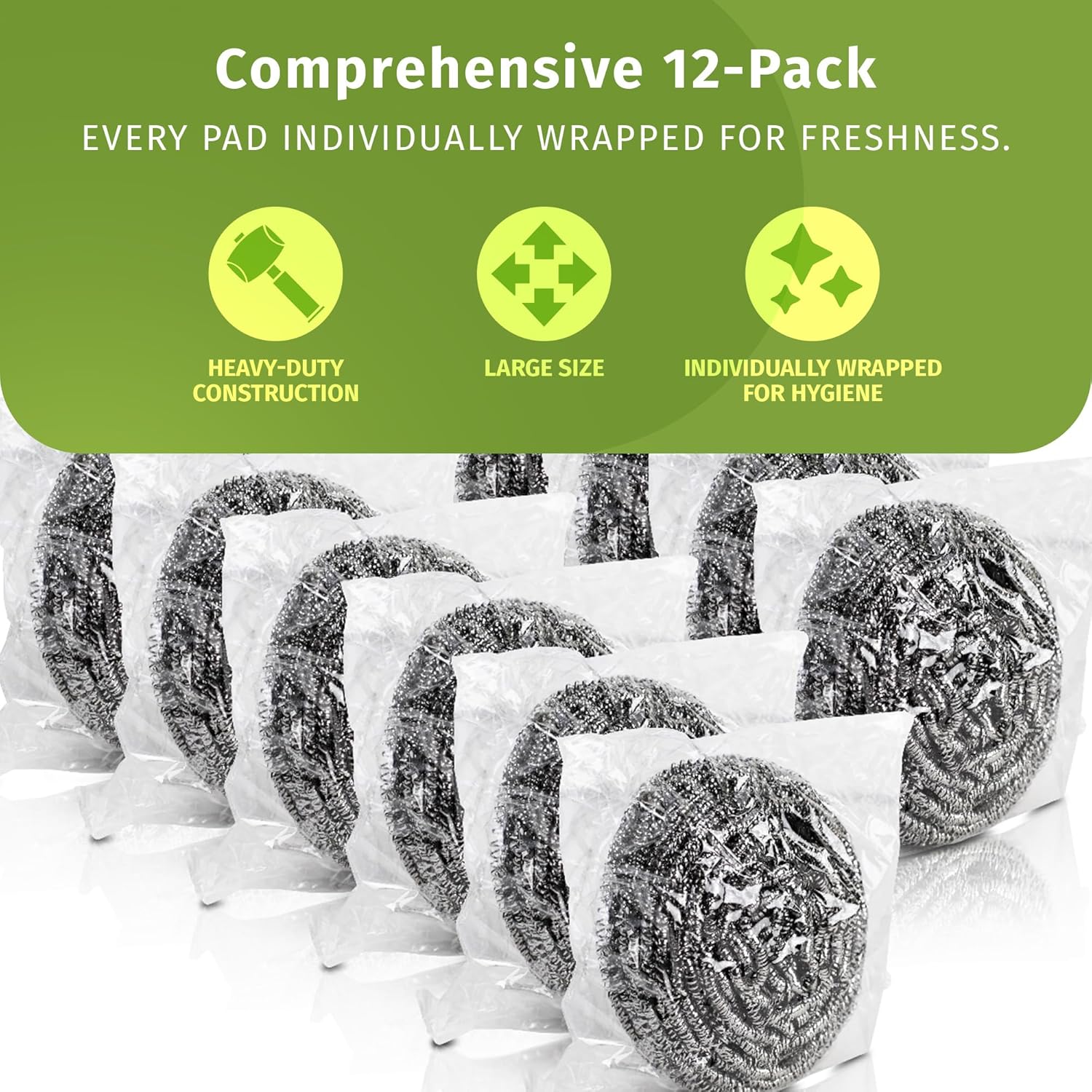 Brheez Stainless Steel Cleaner Scouring Pads [12 Pack] - Industrial & Commercial Strength Large Cleaning Supplies Dish Sponge - Individually Wrapped 100 Gram