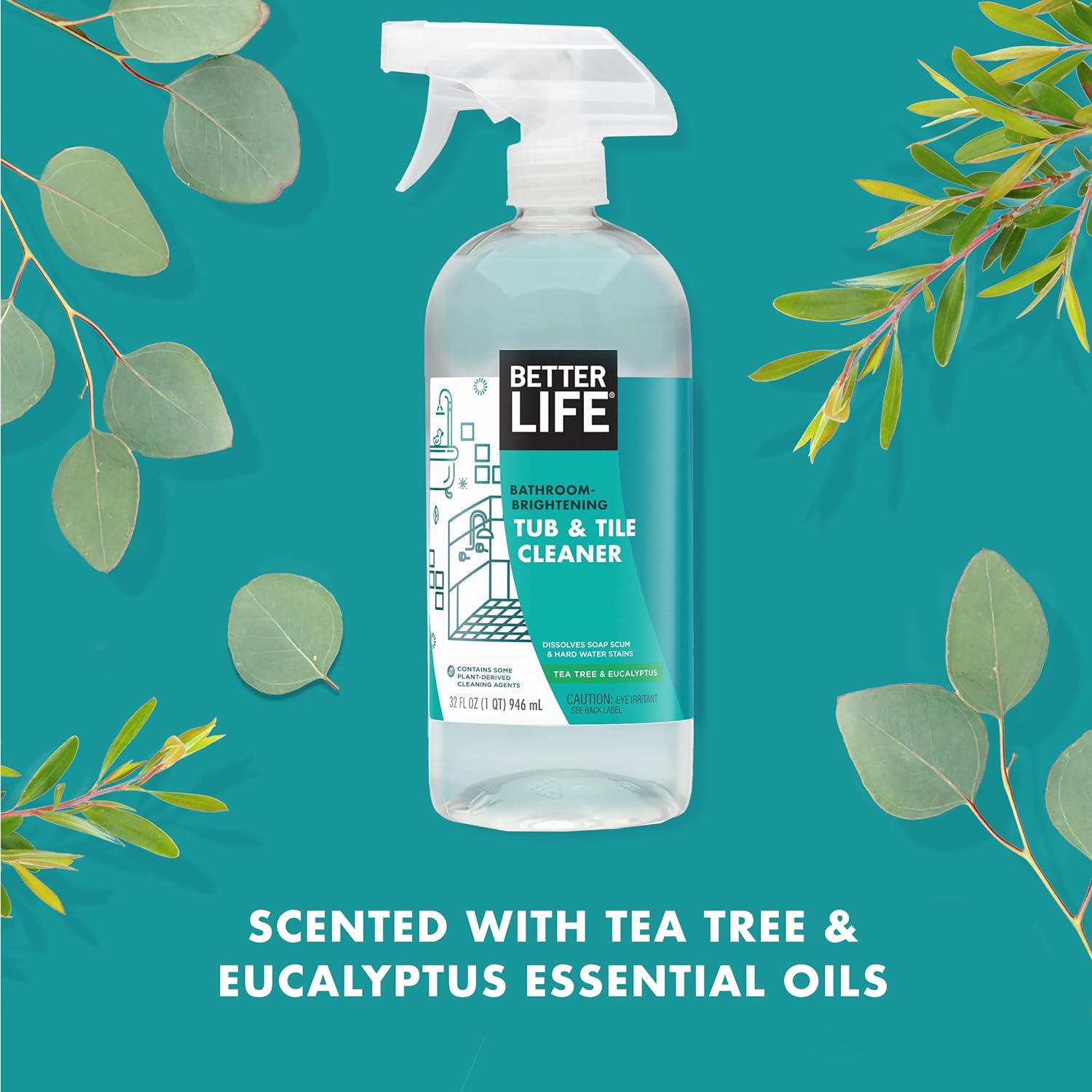 BETTER LIFE Bathroom Cleaner - Tea Tree Bathtub & Shower Cleaner Spray for Glass and Tile - Foaming Mold and Mildew Remover for Tub Works on Hard Water Stains - 32oz (Pack of 2)